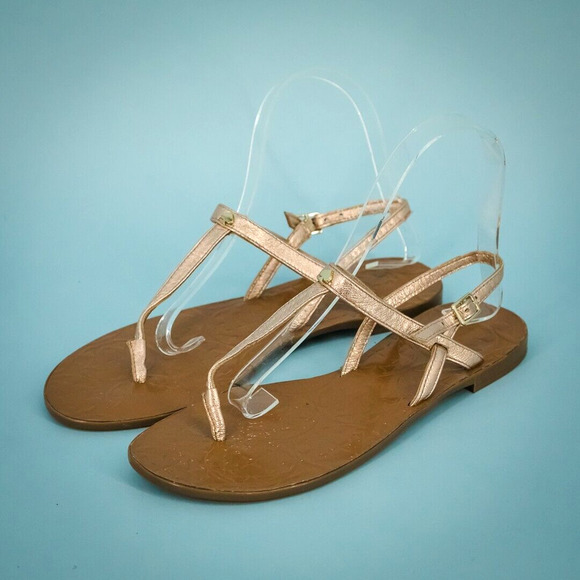 Kate Spade Size 7.5 Pink Rose Gold Metallic Slingback Leather Flat Thong Sandals - Picture 1 of 5
